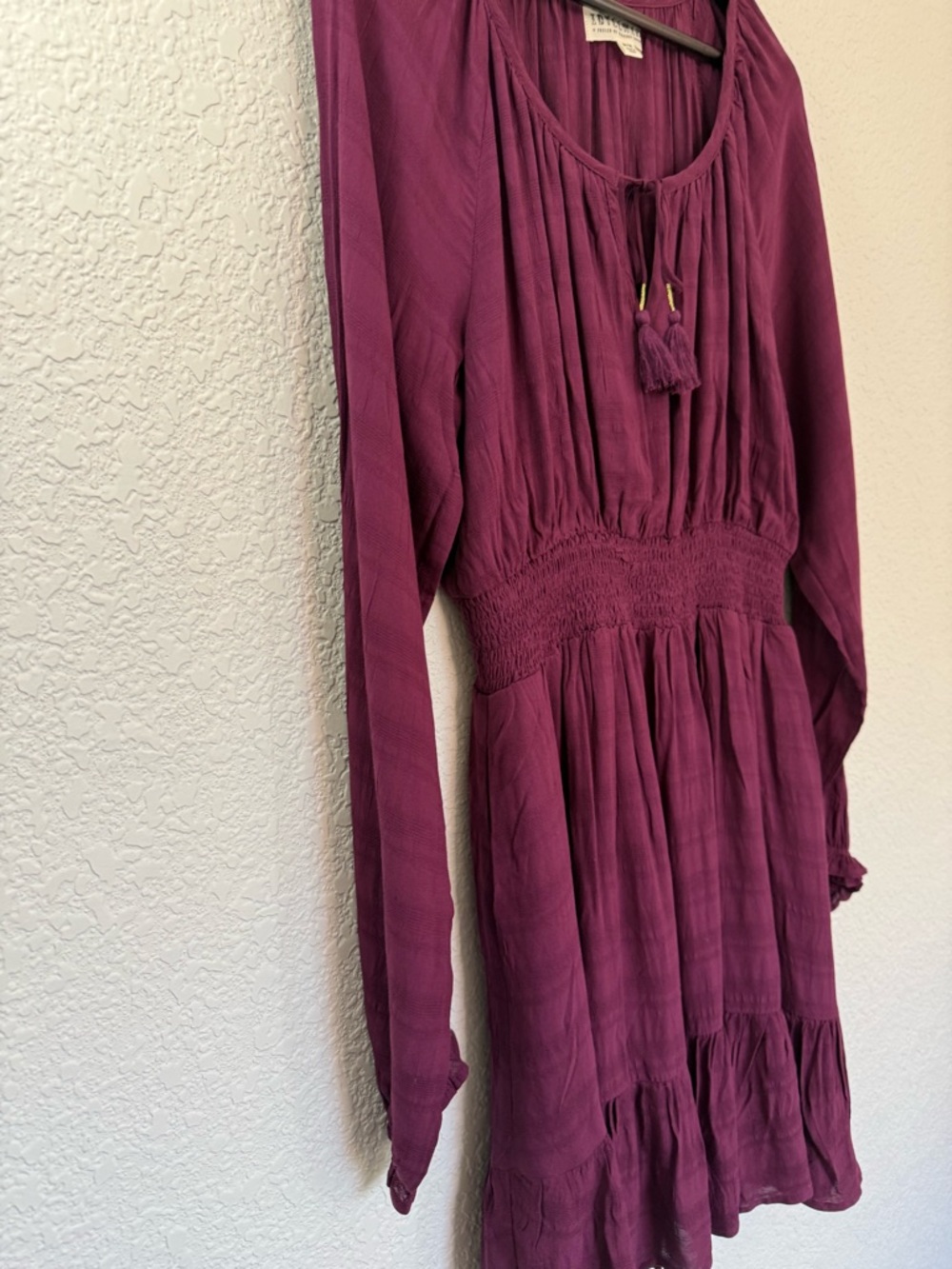 Idyllwind Western Boho Peasant Mini Dress Burgundy Tassel Tie | Size M - Picture 4 of 14